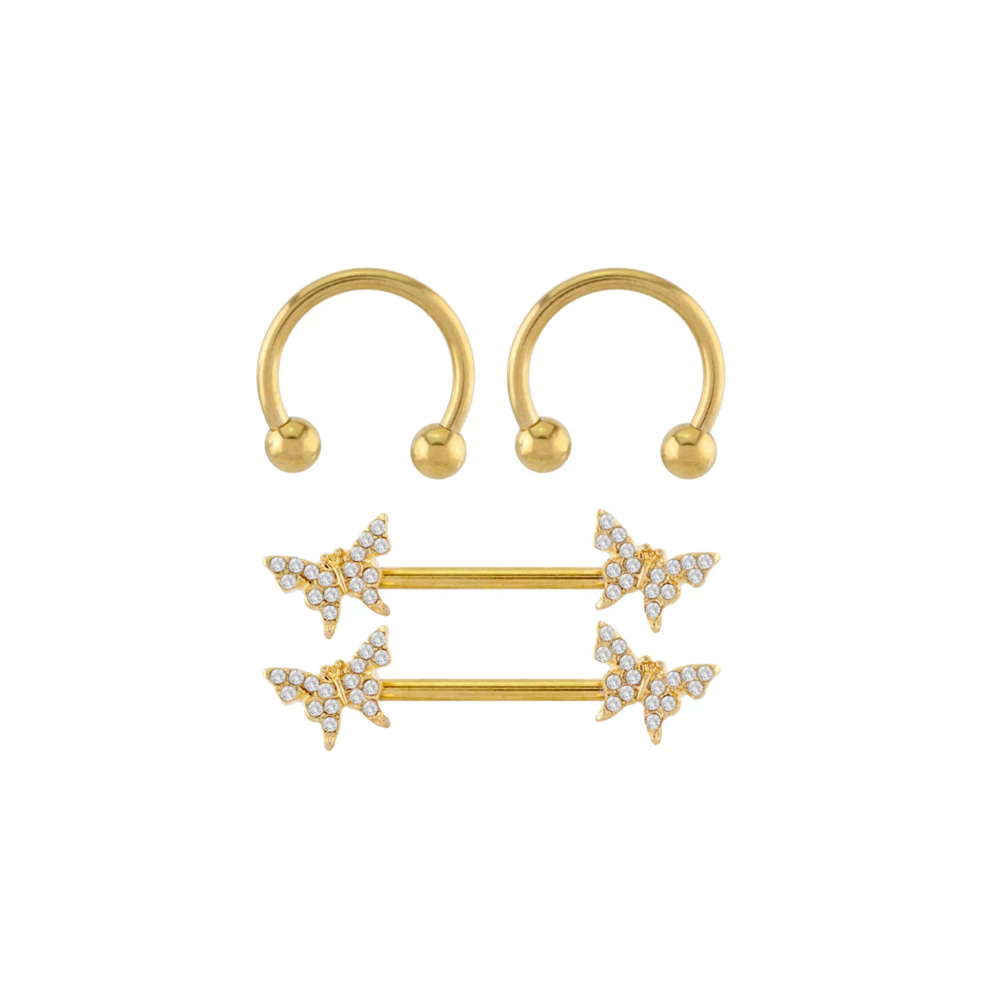 Multi-Pack Goldtone CZ Butterfly Horseshoe Rings and Nipple Barbells 2 Pair - 14 Gauge