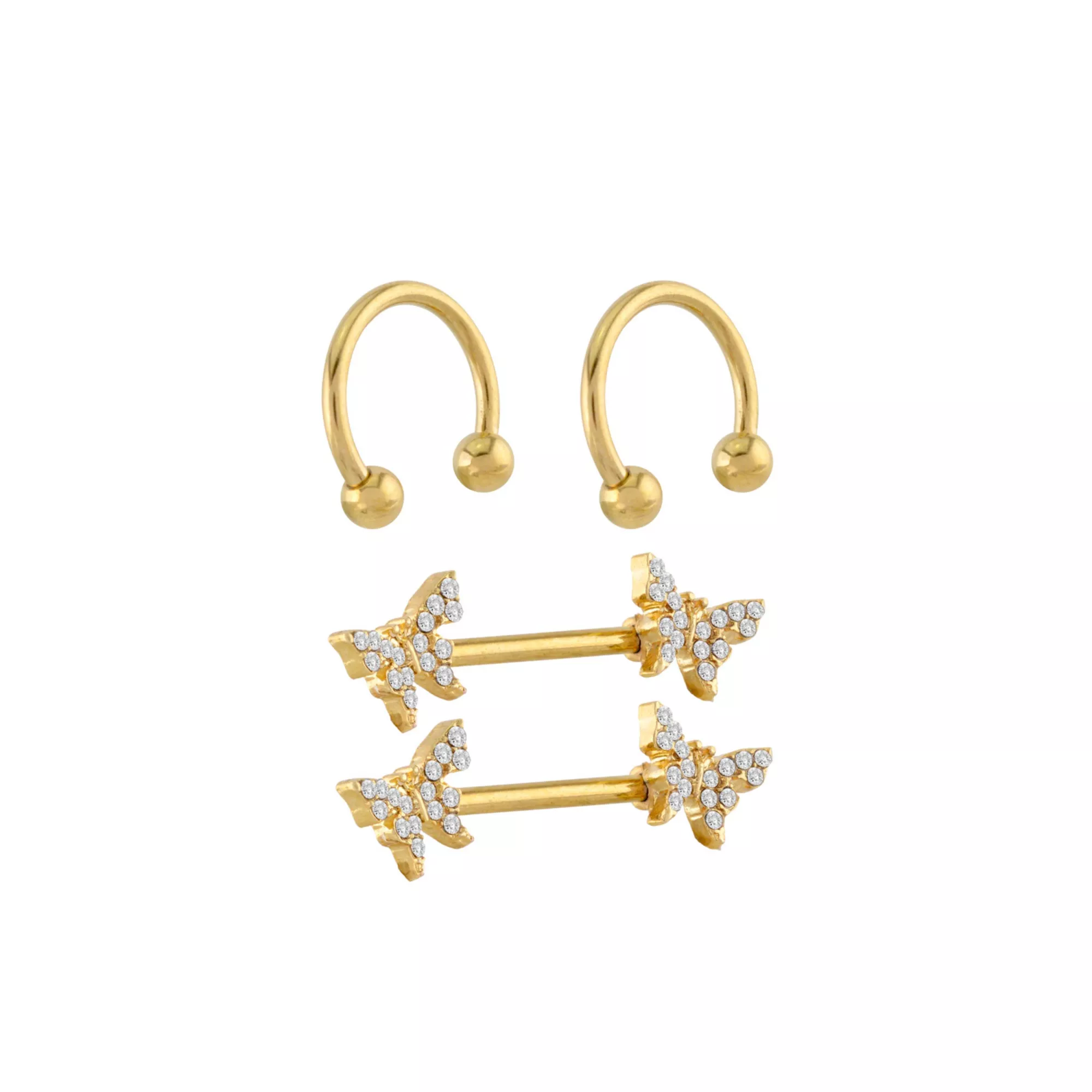 Multi-Pack Goldtone CZ Butterfly Horseshoe Rings and Nipple Barbells 2 Pair - 14 Gauge at Spencer's