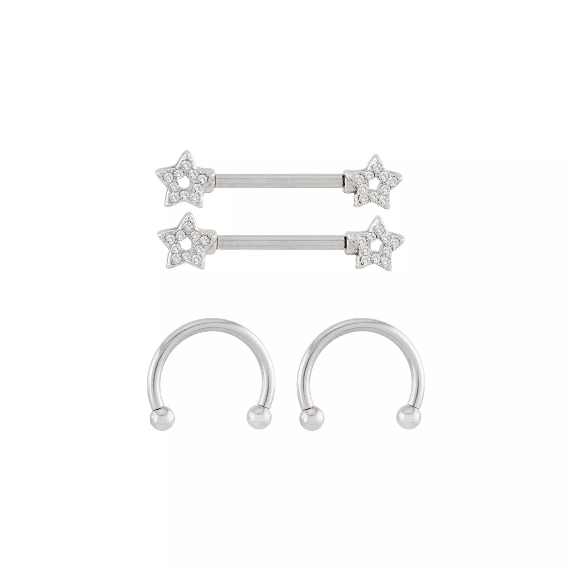 Multi-Pack Silvertone CZ Star Horseshoe Rings and Nipple Barbells 14 Gauge - 2 Pair at Spencer's