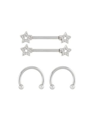 Multi-Pack Silvertone CZ Star Horseshoe Rings and Nipple Barbells 14 Gauge - 2 Pair