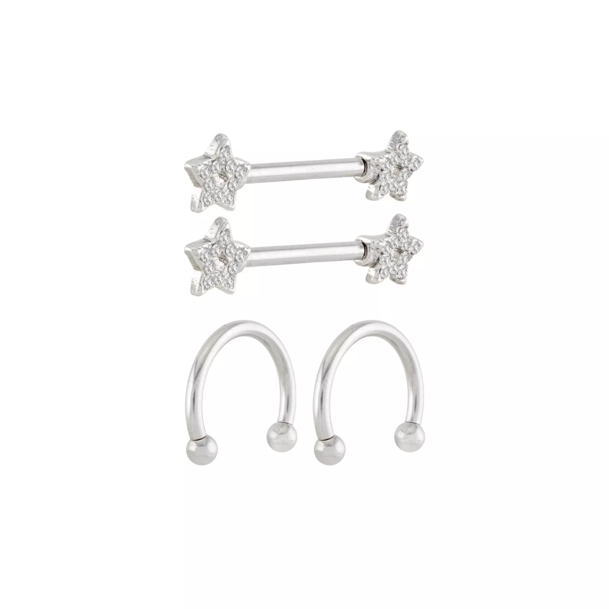 Multi-Pack Silvertone CZ Star Horseshoe Rings and Nipple Barbells 14 Gauge - 2 Pair at Spencer's