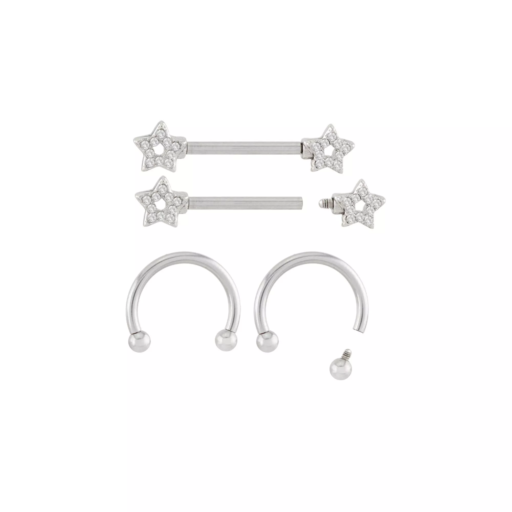 Multi-Pack Silvertone CZ Star Horseshoe Rings and Nipple Barbells 14 Gauge - 2 Pair at Spencer's