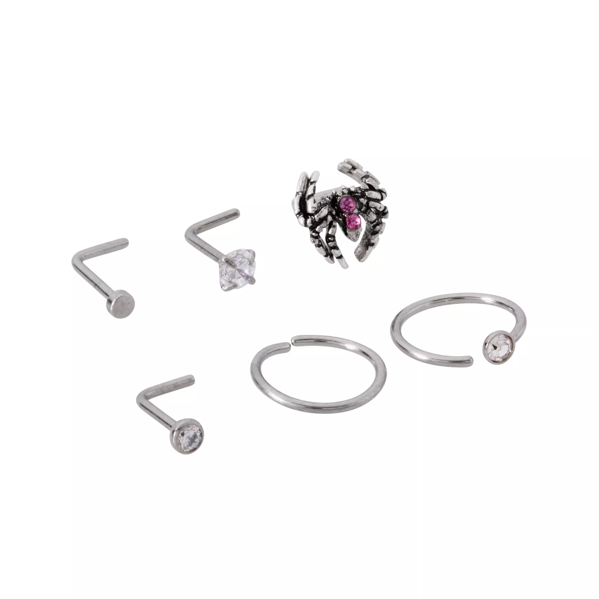 Multi-Pack CZ Titanium Spider L-Bend Nose Rings and Hoop Nose Rings 6 Pack - 20 Gauge at Spencer's