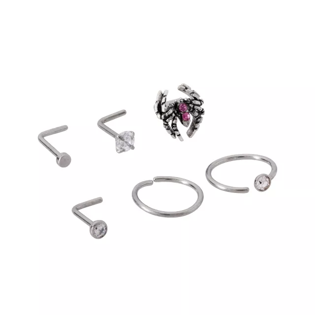 Multi-Pack CZ Titanium Spider L-Bend Nose Rings and Hoop Nose Rings 6 Pack - 20 Gauge at Spencer's