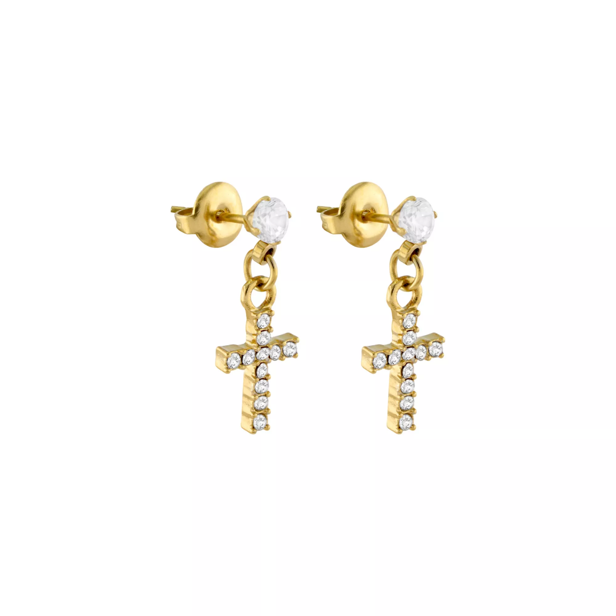 CZ Cross Goldtone Titanium Dangle Stud Earrings - 20 Gauge at Spencer's