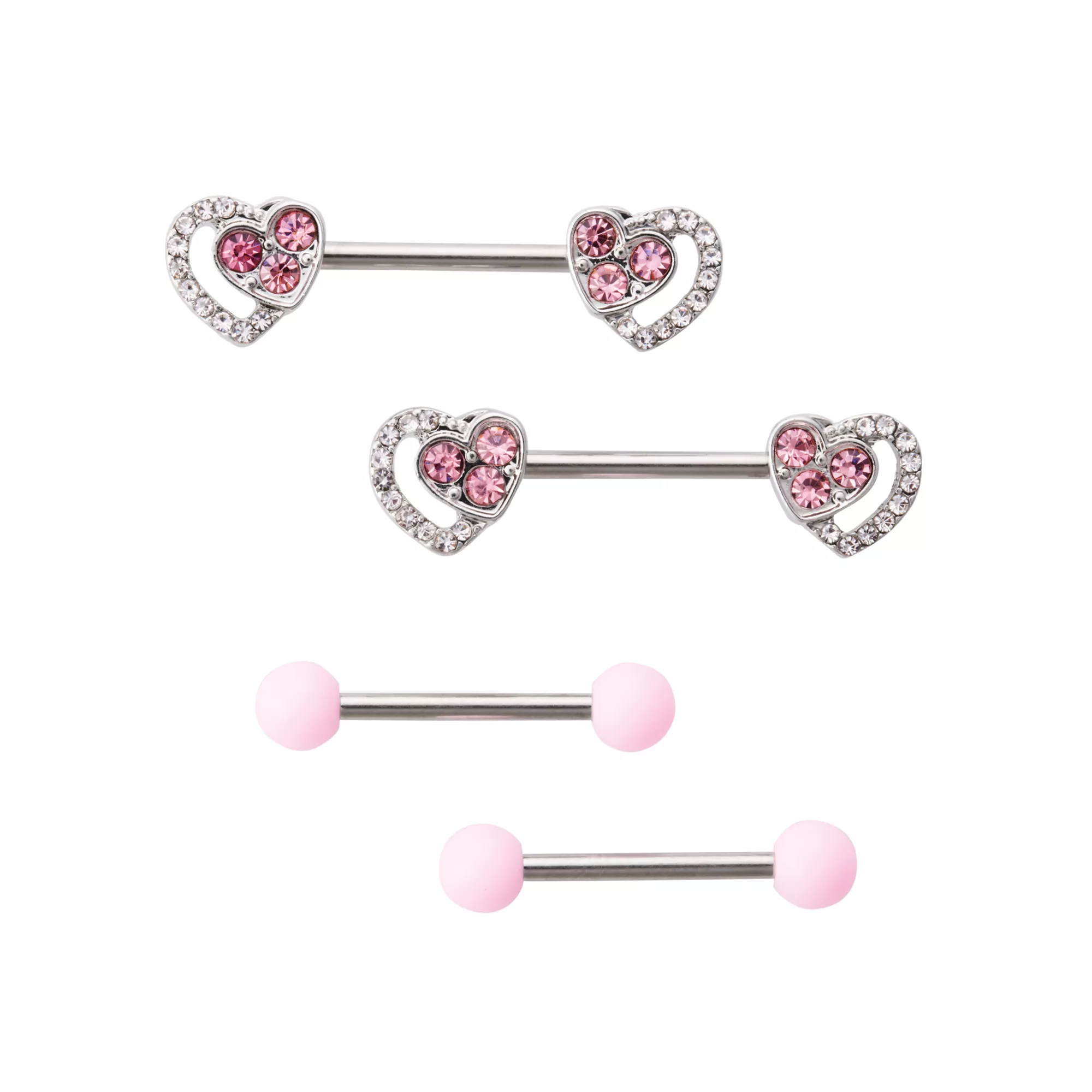 Multi-Pack CZ Pink Heart Nipple Barbells 4 Pack - 14 Gauge
