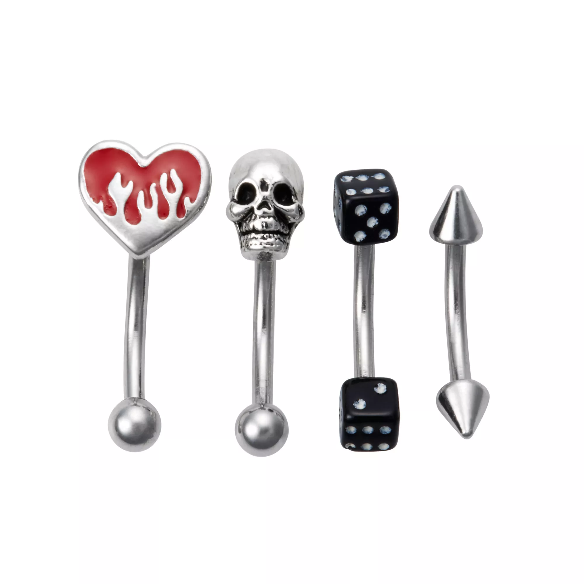 Multi-Pack Skull and Dice Curved Barbells 4 Pack - 16 Gauge