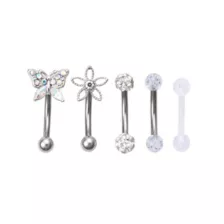 Multi-Pack Aurora Borealis Effect Butterfly and Flower Curved Barbell 5 Pack - 16 Gauge at Spencer's