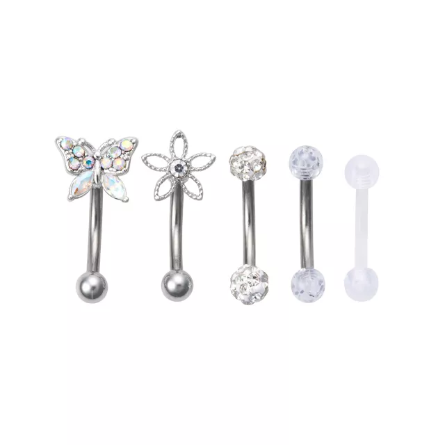 Multi-Pack Aurora Borealis Effect Butterfly and Flower Curved Barbell 5 Pack - 16 Gauge at Spencer's