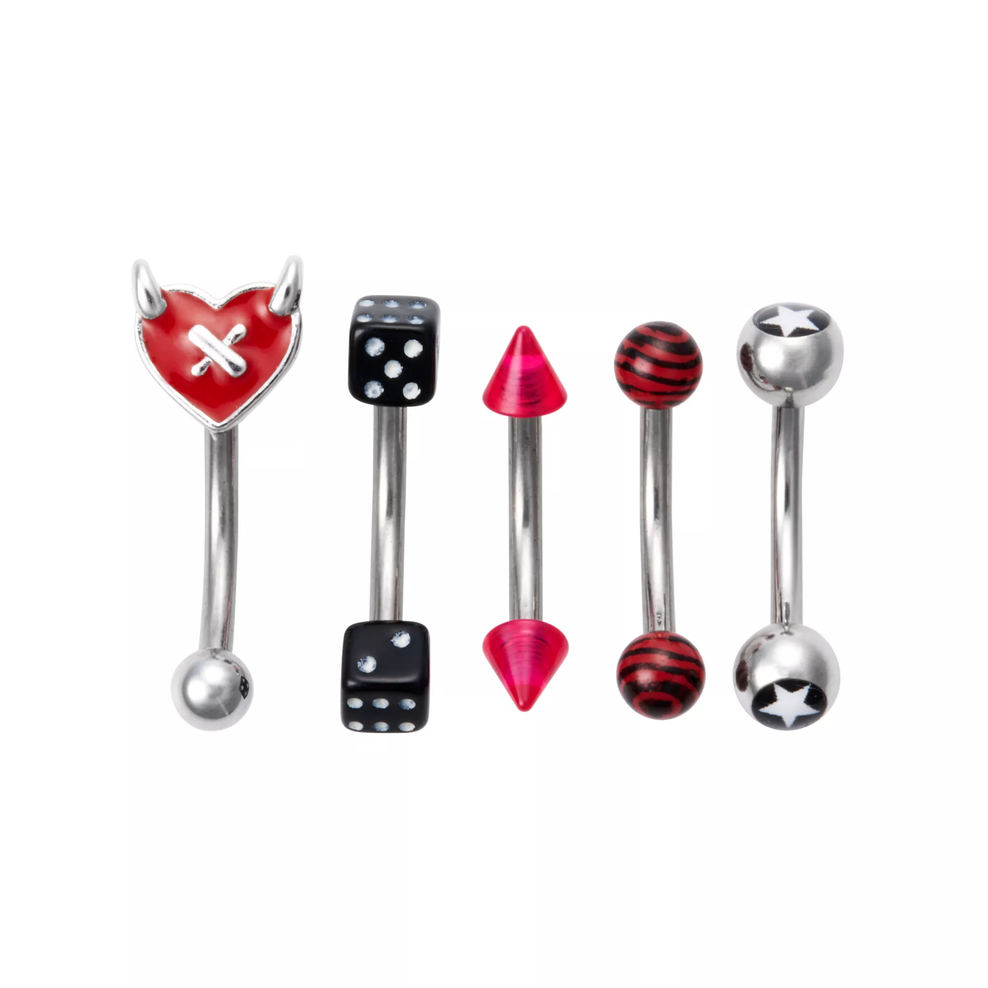Multi-Pack Dice and Horned Heart Curved Barbells 5 Pack - 16 Gauge