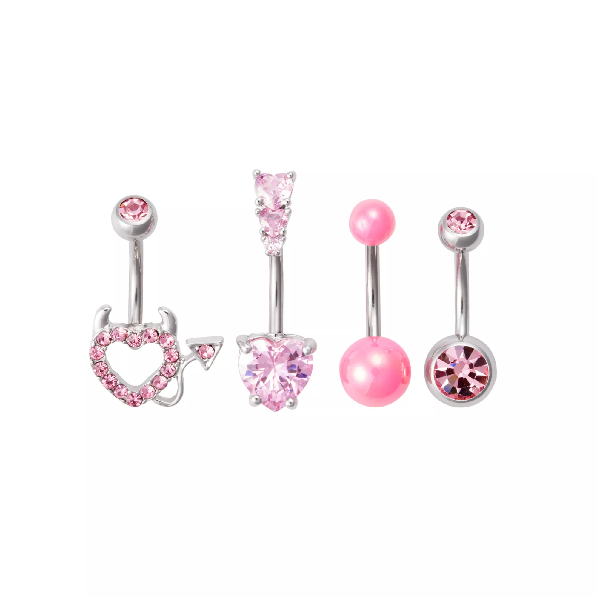 Multi-Pack CZ Pink Titanium Devil Heart Belly Button Rings 4 Pack - 14 Gauge at Spencer's