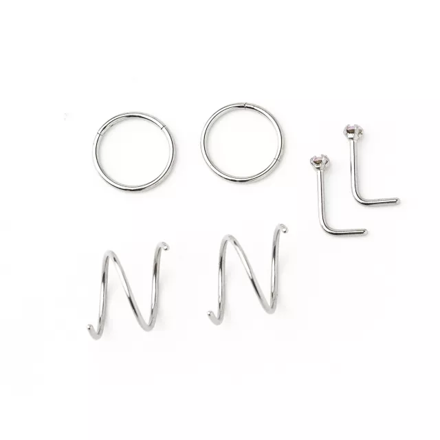 Multi-Pack CZ Pink L-Bend and Spiral Hoop Nose Rings 6 Pack - 20 Gauge at Spencer's