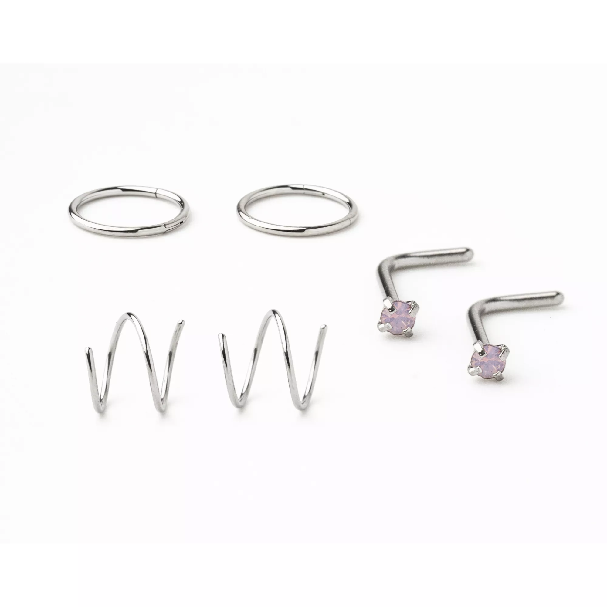 Multi-Pack CZ Pink L-Bend and Spiral Hoop Nose Rings 6 Pack - 20 Gauge at Spencer's