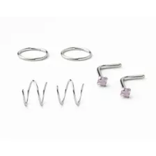 Multi-Pack CZ Pink L-Bend and Spiral Hoop Nose Rings 6 Pack - 20 Gauge at Spencer's