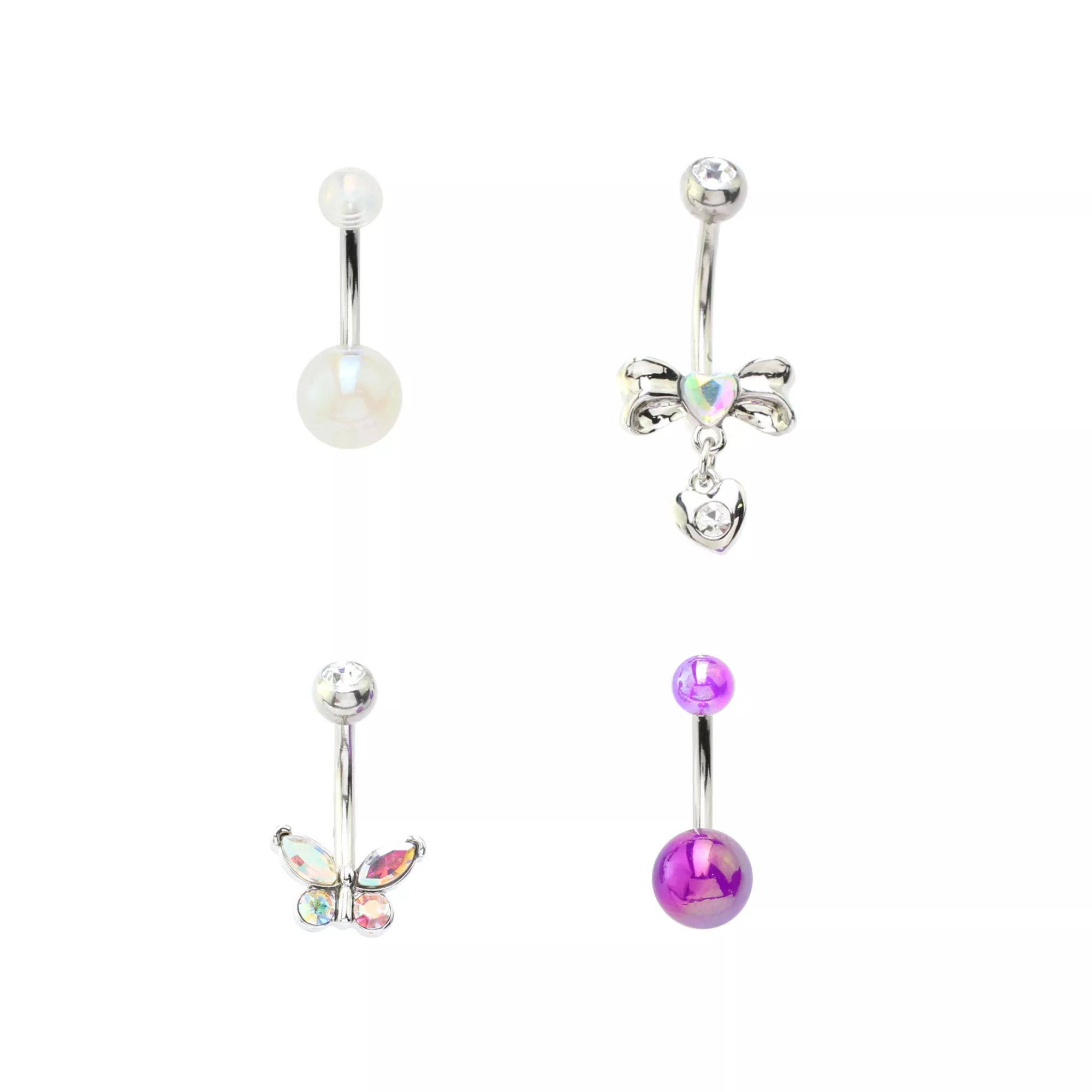 Multi-Pack CZ Butterfly Pearl and Bow Belly Rings 4 Pack - 14 Gauge at Spencer's