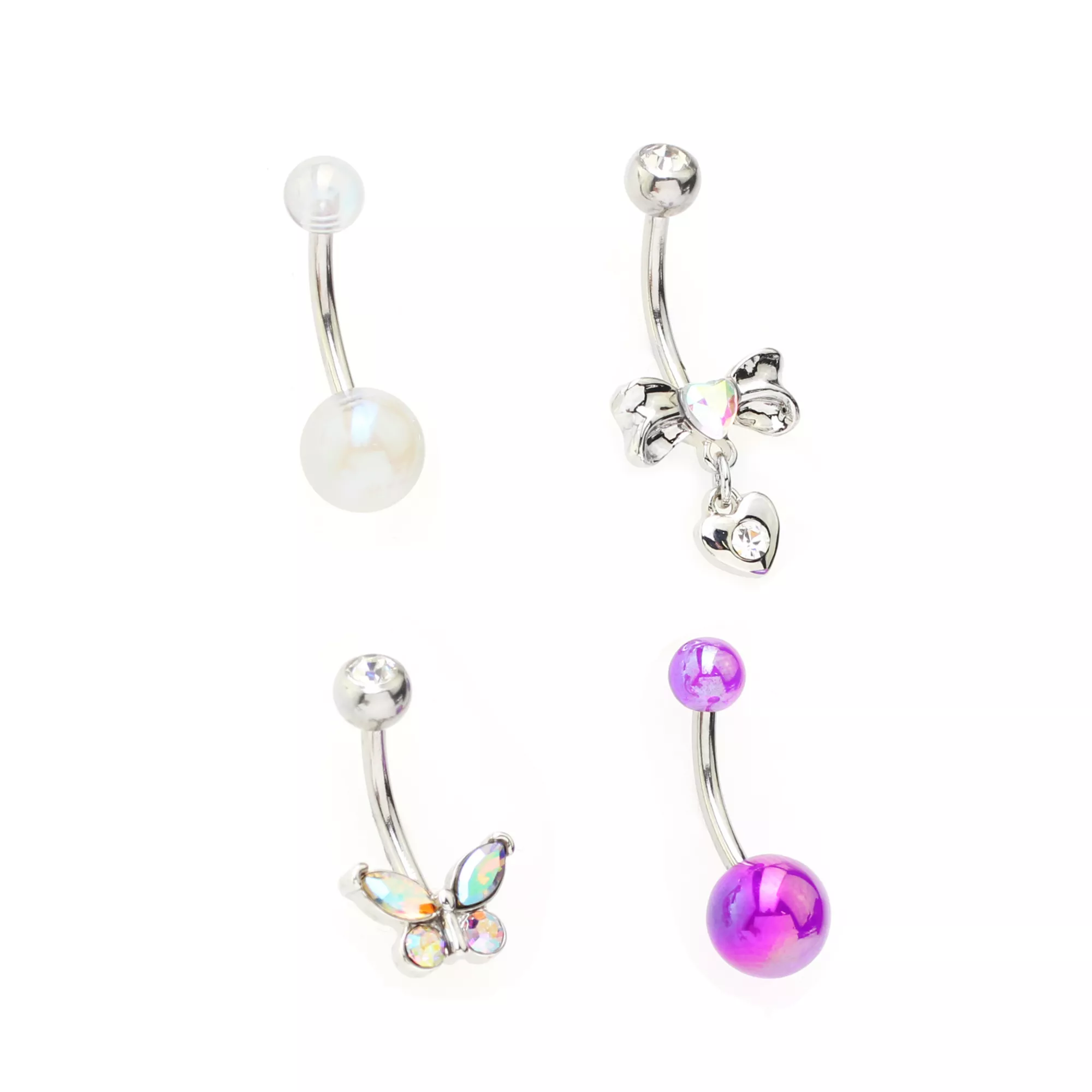 Multi-Pack CZ Butterfly Pearl and Bow Belly Rings 4 Pack - 14 Gauge at Spencer's
