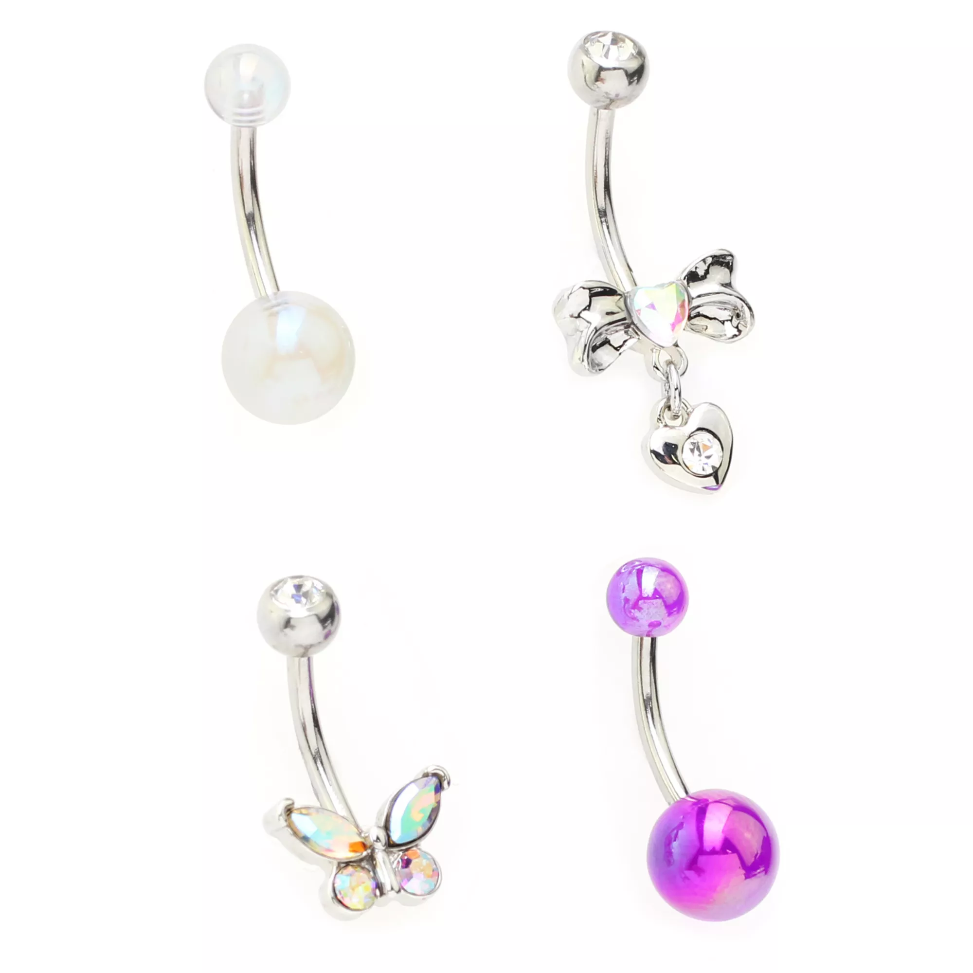 Multi-Pack CZ Butterfly Pearl and Bow Belly Rings 4 Pack - 14 Gauge at Spencer's