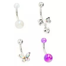 Multi-Pack CZ Butterfly Pearl and Bow Belly Rings 4 Pack - 14 Gauge at Spencer's
