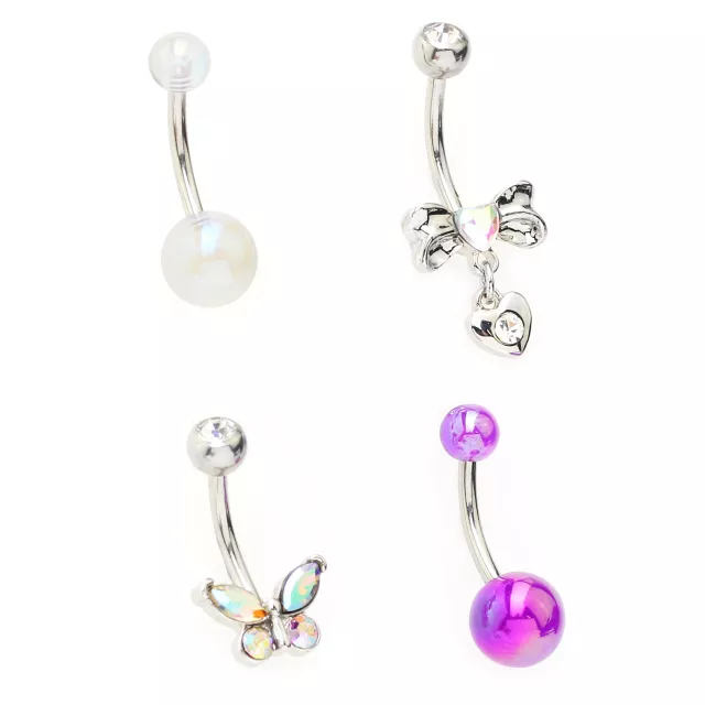 Multi-Pack CZ Butterfly Pearl and Bow Belly Rings 4 Pack - 14 Gauge at Spencer's