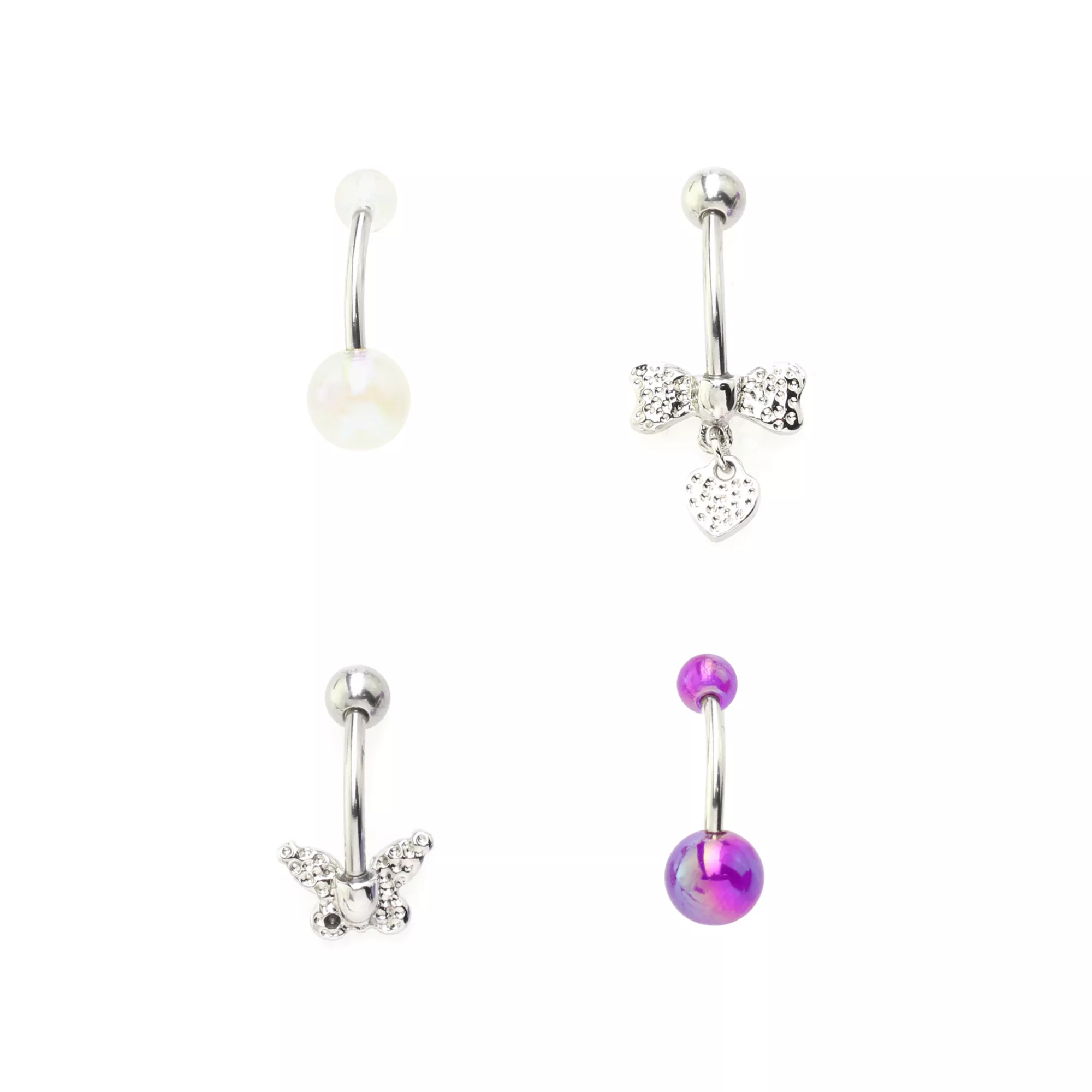 Multi-Pack CZ Butterfly Pearl and Bow Belly Rings 4 Pack - 14 Gauge at Spencer's