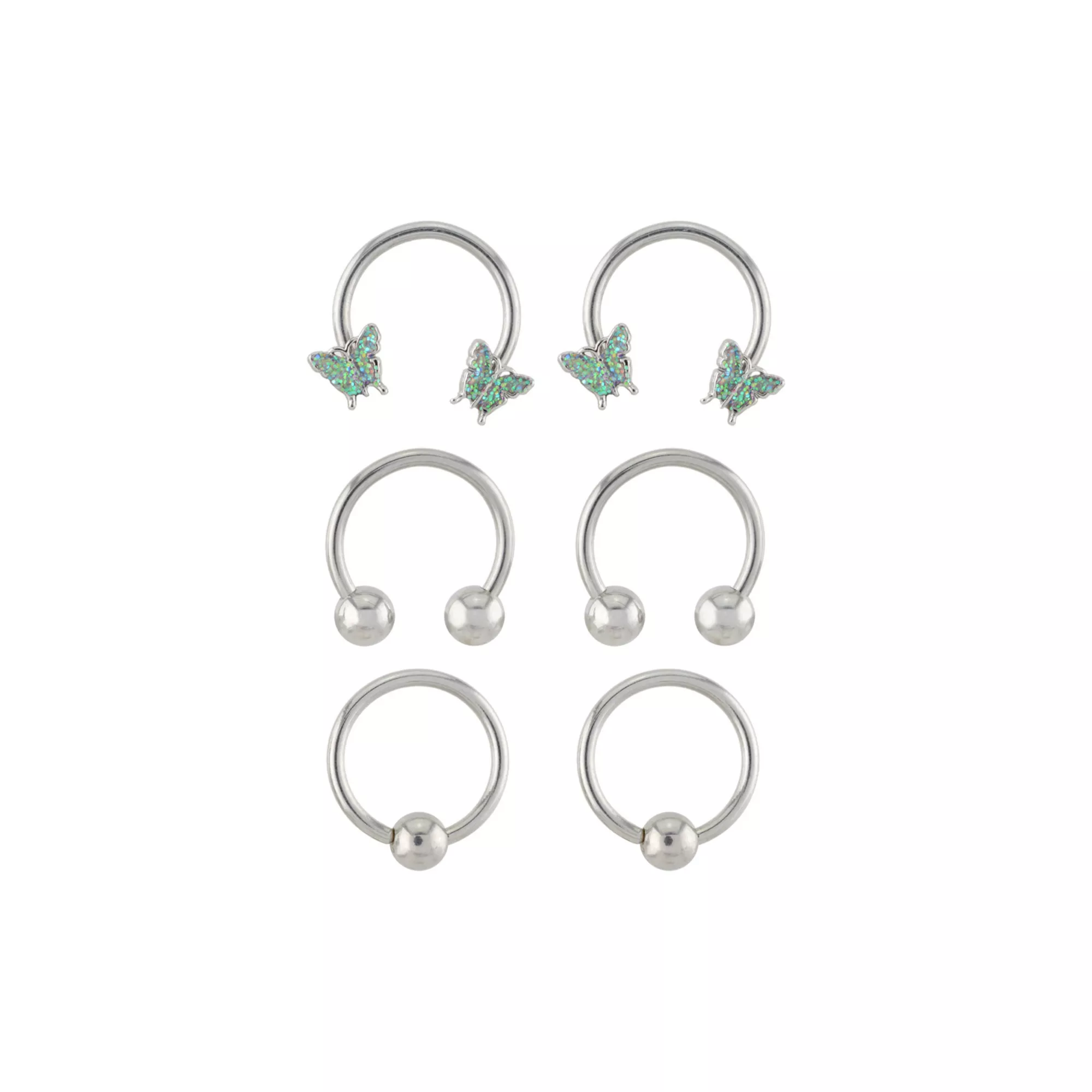 Multi-Pack Glitter Effect Butterfly Horseshoe and Captive Rings 6 Pack - 16 Gauge at Spencer's