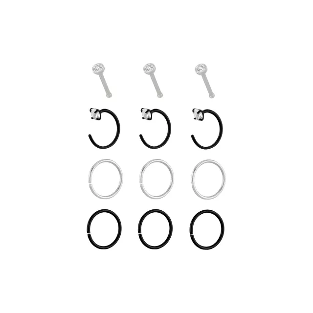 Multi-Pack Round CZ Black and Silvertone Nose Rings 12 Pack - 20 Gauge at Spencer's