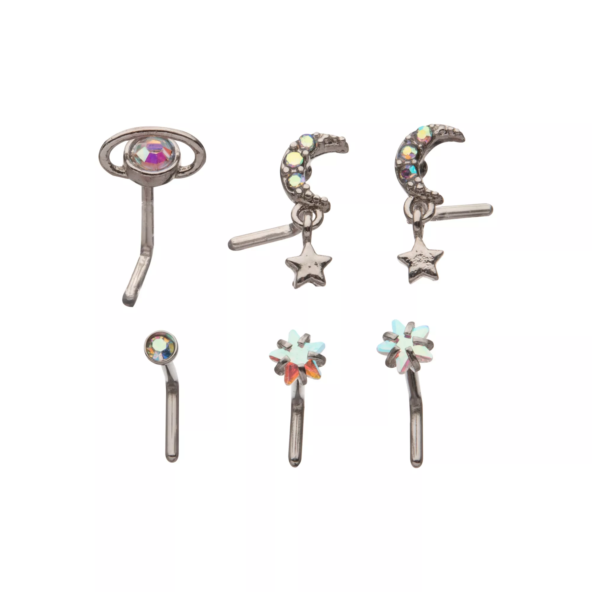Multi-Pack CZ Moon and Star L-Bend Nose Rings - 6 Pack at Spencer's