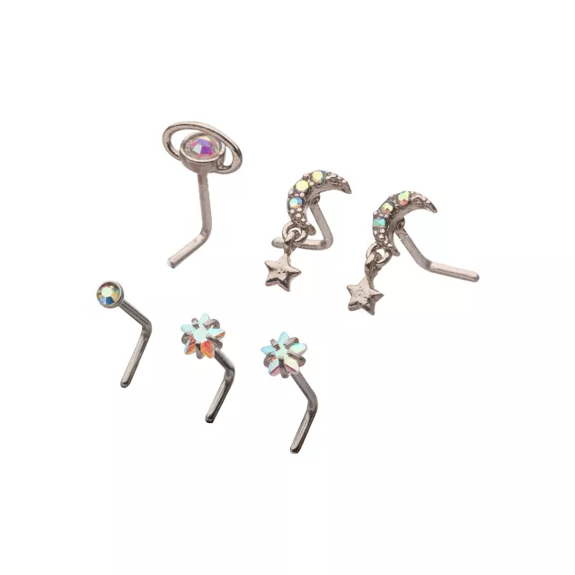 Moon and Star Dangle L-Bend Nose Rings 6 Pack - 20 Gauge at Spencer's