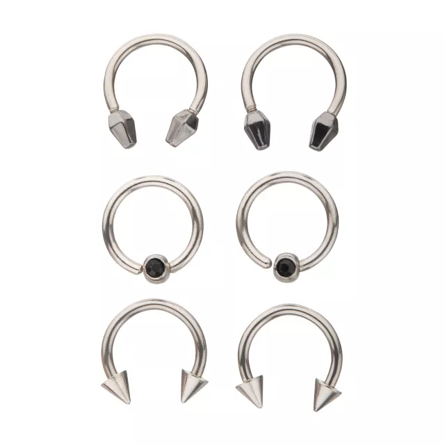 Multi-Pack CZ Silver and Black Horseshoe Rings and Captive Rings 6 Pack - 16 Gauge at Spencer's