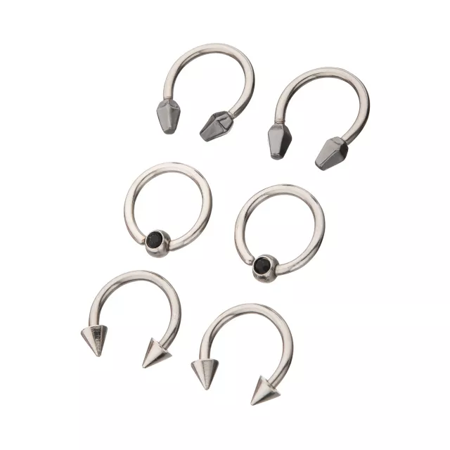 Multi-Pack CZ Silver and Black Horseshoe Rings and Captive Rings 6 Pack - 16 Gauge at Spencer's