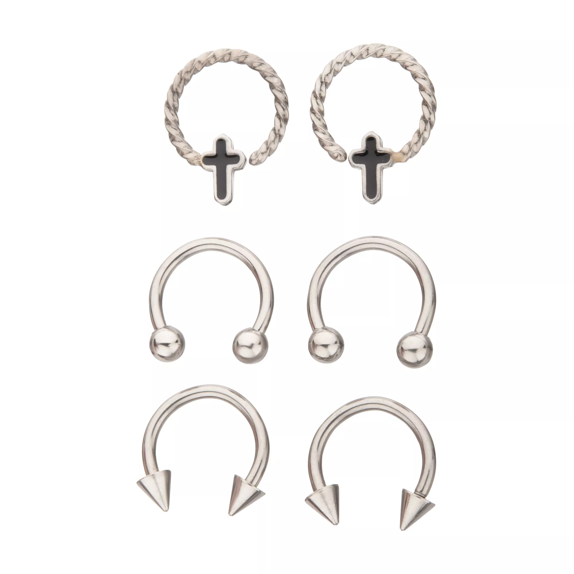 Multi-Pack Twisted Cross Captive and Horseshoe Rings 6 Pack - 16 Gauge at Spencer's