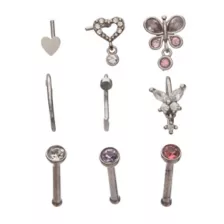 Multi-Pack Pink Butterfly Dangle Pin L-Bend and Hoop Nose Rings 9 Pack - 20 Gauge at Spencer's