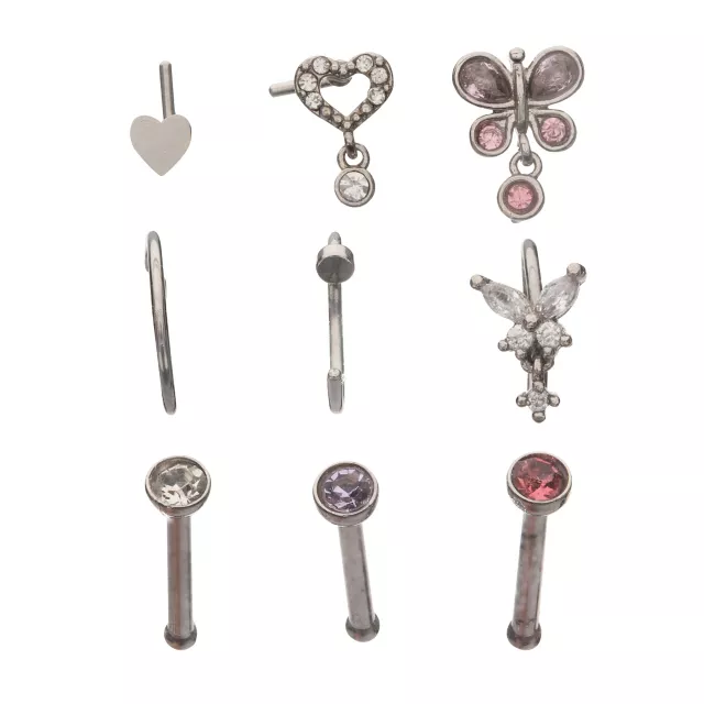 Multi-Pack Pink Butterfly Dangle Pin L-Bend and Hoop Nose Rings 9 Pack - 20 Gauge at Spencer's