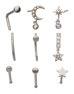 Multi-Pack CZ Star Dangle Pin L-Bend and Hoop Nose Ring 9 Pack - 20 Ga