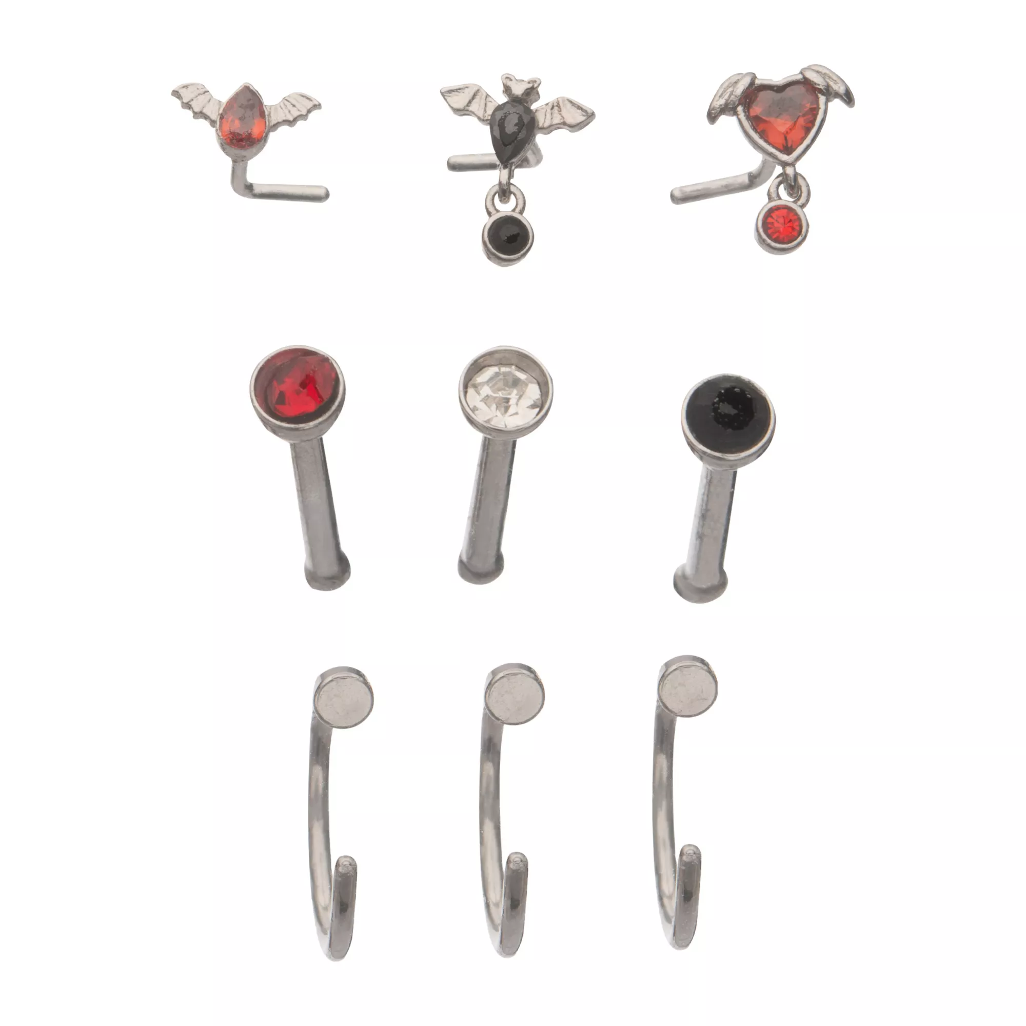 Multi-Pack Red and Black Bat Nose Pins and Hoops 9 Pack - 20 Gauge at Spencer's