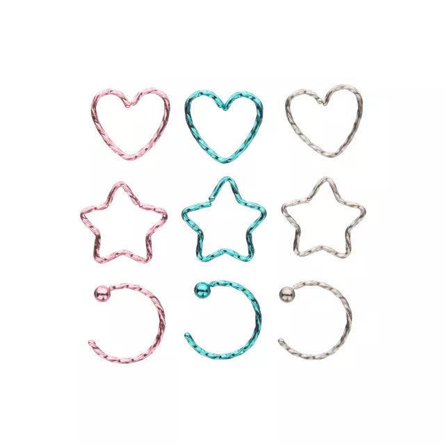 Multi-Pack Colored Heart and Star Hoop Nose Rings 9 Pack - 20 Gauge