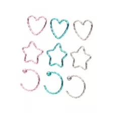 Multi-Pack Colored Heart and Star Hoop Nose Rings 9 Pack - 20 Gauge at Spencer's