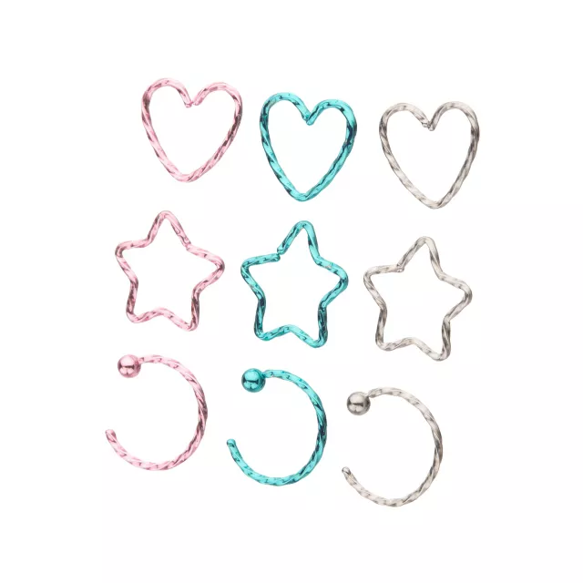 Multi-Pack Colored Heart and Star Hoop Nose Rings 9 Pack - 20 Gauge