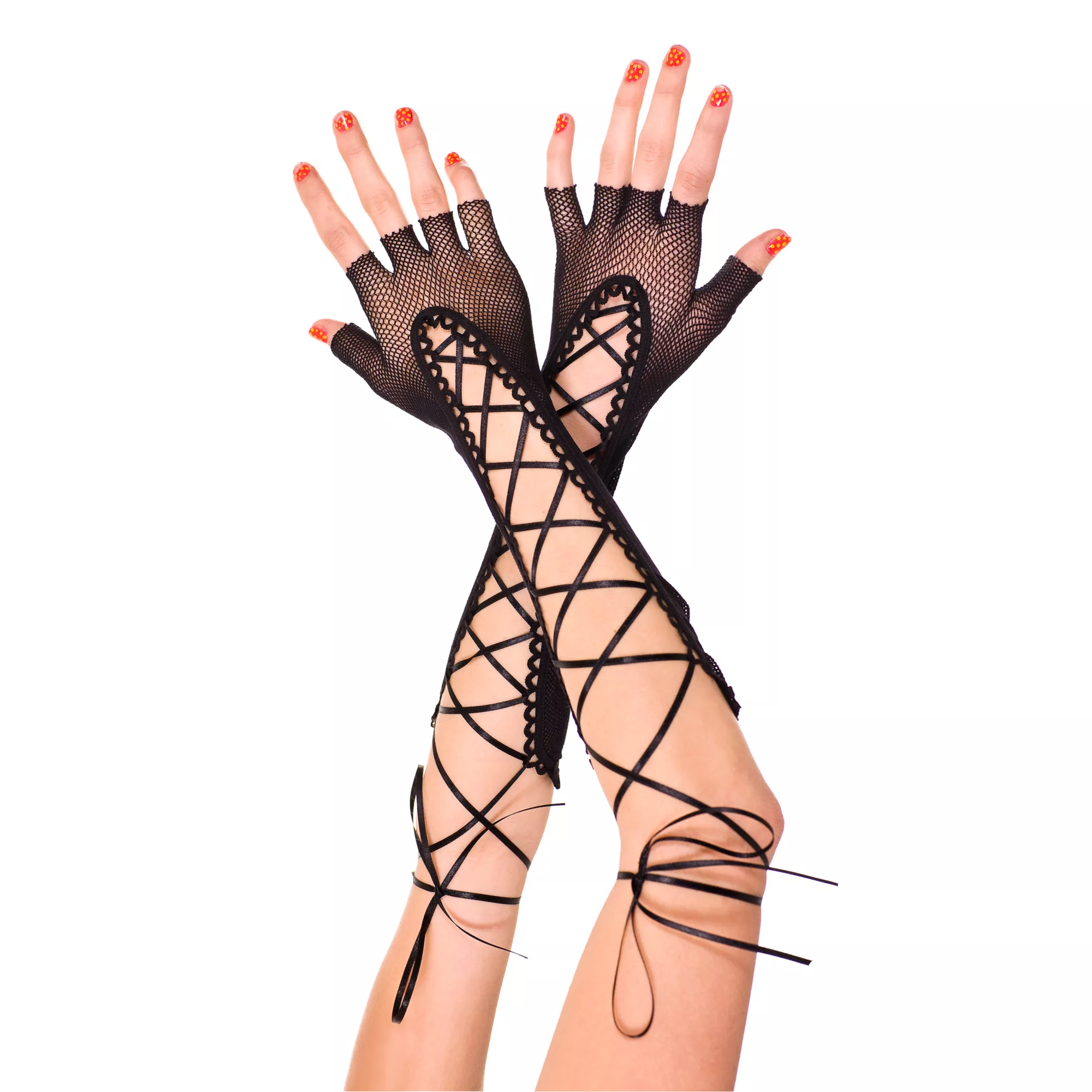 Black Mesh Fingerless Lace-Up Gloves at Spencer's
