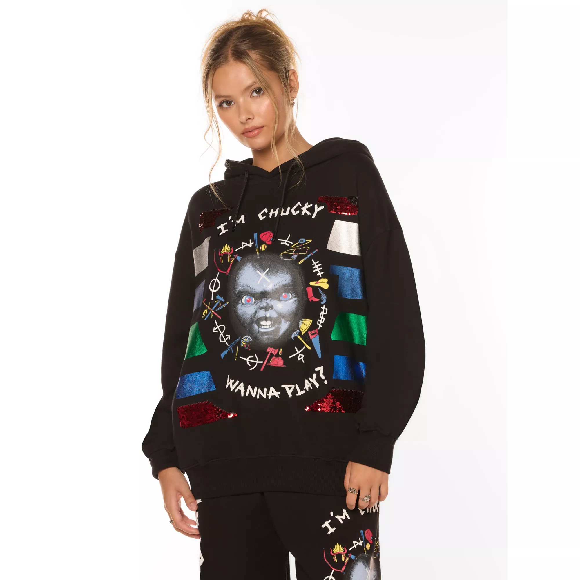 I'm Chucky Wanna Play Sequin Hoodie at Spencer's
