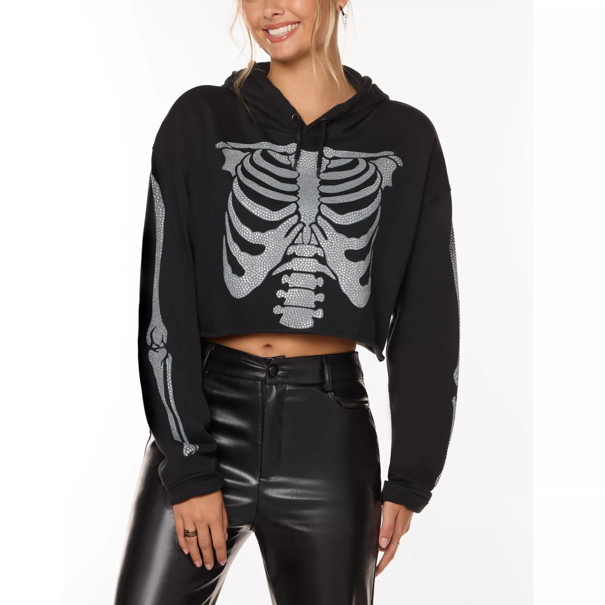 Rhinestone Skeleton Cropped Hoodie at Spencer's