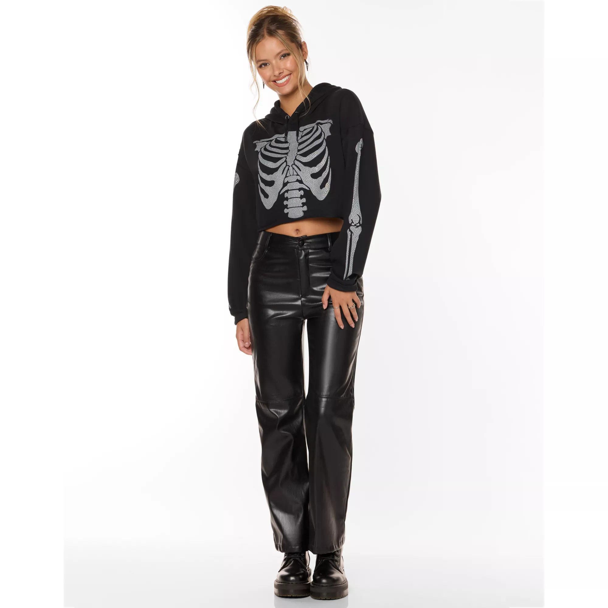 Rhinestone Skeleton Cropped Hoodie at Spencer's