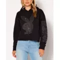 Black Playboy Rabbit Rhinestone Crop Top Hoodie at Spencer's