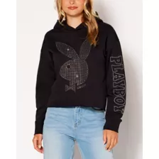 Black Playboy Rabbit Rhinestone Crop Top Hoodie at Spencer's