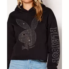 Black Playboy Rabbit Rhinestone Crop Top Hoodie at Spencer's