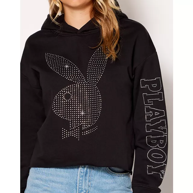 Black Playboy Rabbit Rhinestone Crop Top Hoodie at Spencer's