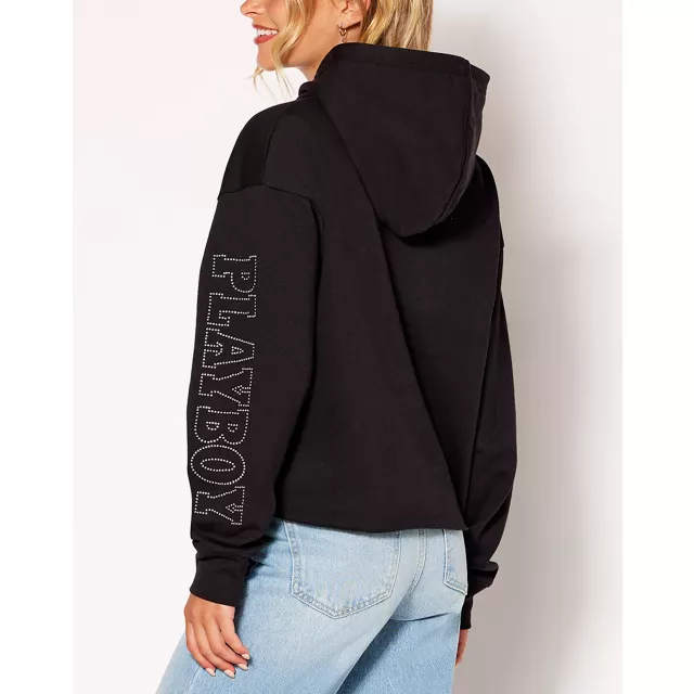 Black Playboy Rabbit Rhinestone Crop Top Hoodie at Spencer's