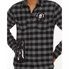 Black and Grey Ghost Face Flannel Shirt at Spirit Halloween
