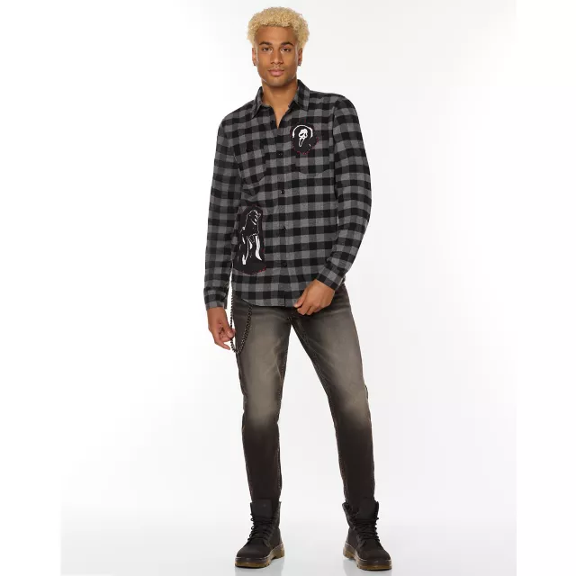 Black and Grey Ghost Face Flannel Shirt at Spirit Halloween
