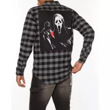 Black and Grey Ghost Face Flannel Shirt at Spirit Halloween